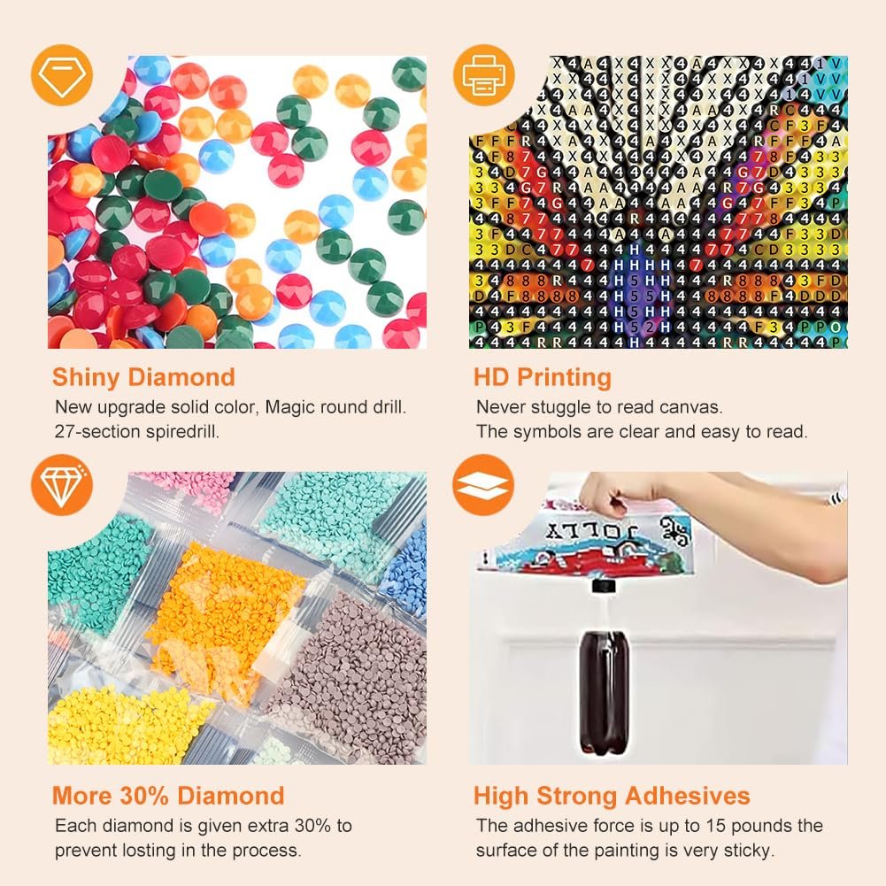 Diamond painting kit components including colorful drills, symbol chart, and packaged drills.
