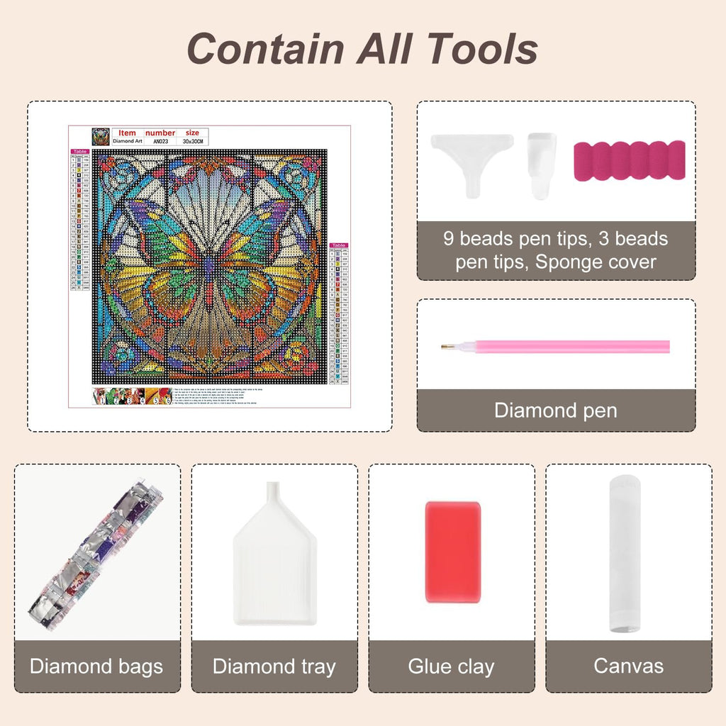 Diamond painting kit contents including canvas, diamond pen, tray, glue clay, and diamond bags, with tool accessories.