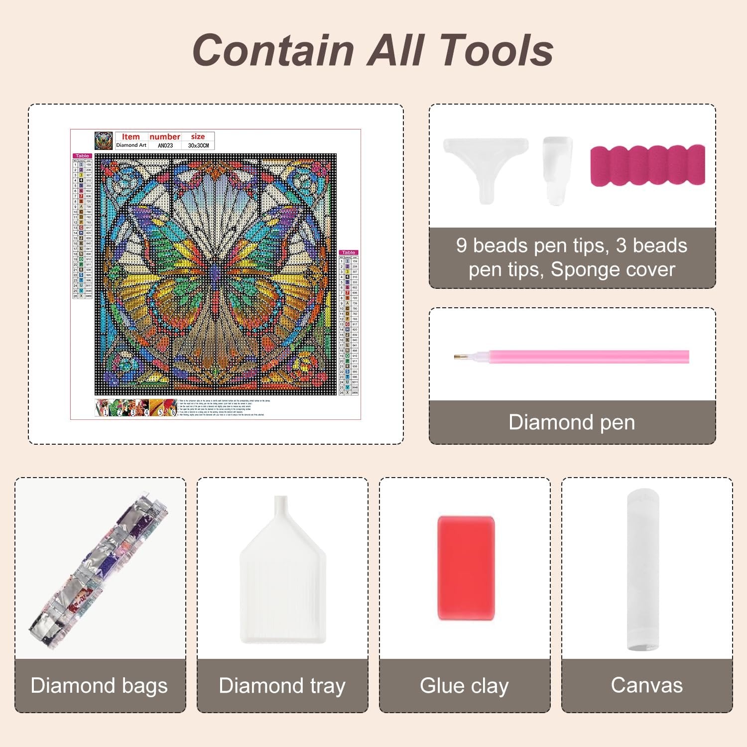 Diamond painting kit contents including canvas, diamond pen, tray, glue clay, and diamond bags, with tool accessories.