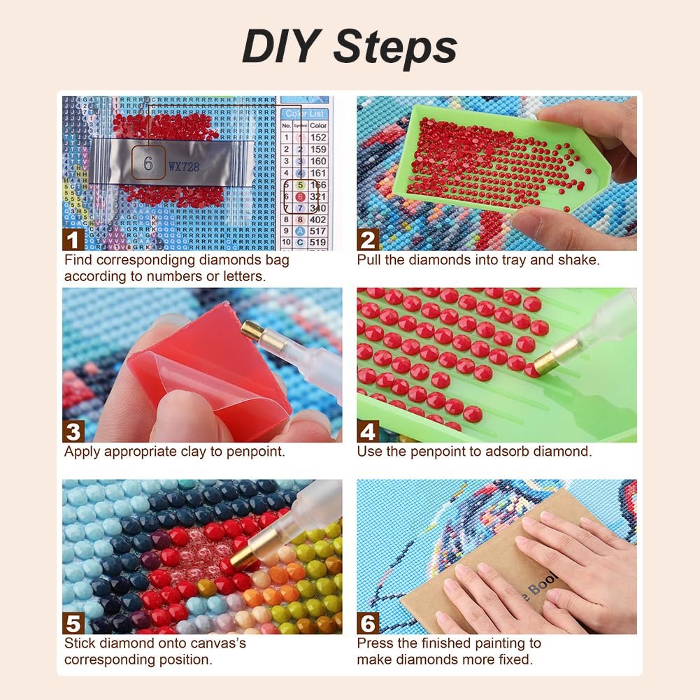 Diamond painting kit instructions showing 6 steps with text and images, including color list and tools.