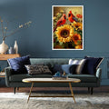 Framed diamond painting of two cardinals perched on sunflowers, displayed on a wall above a sofa.
