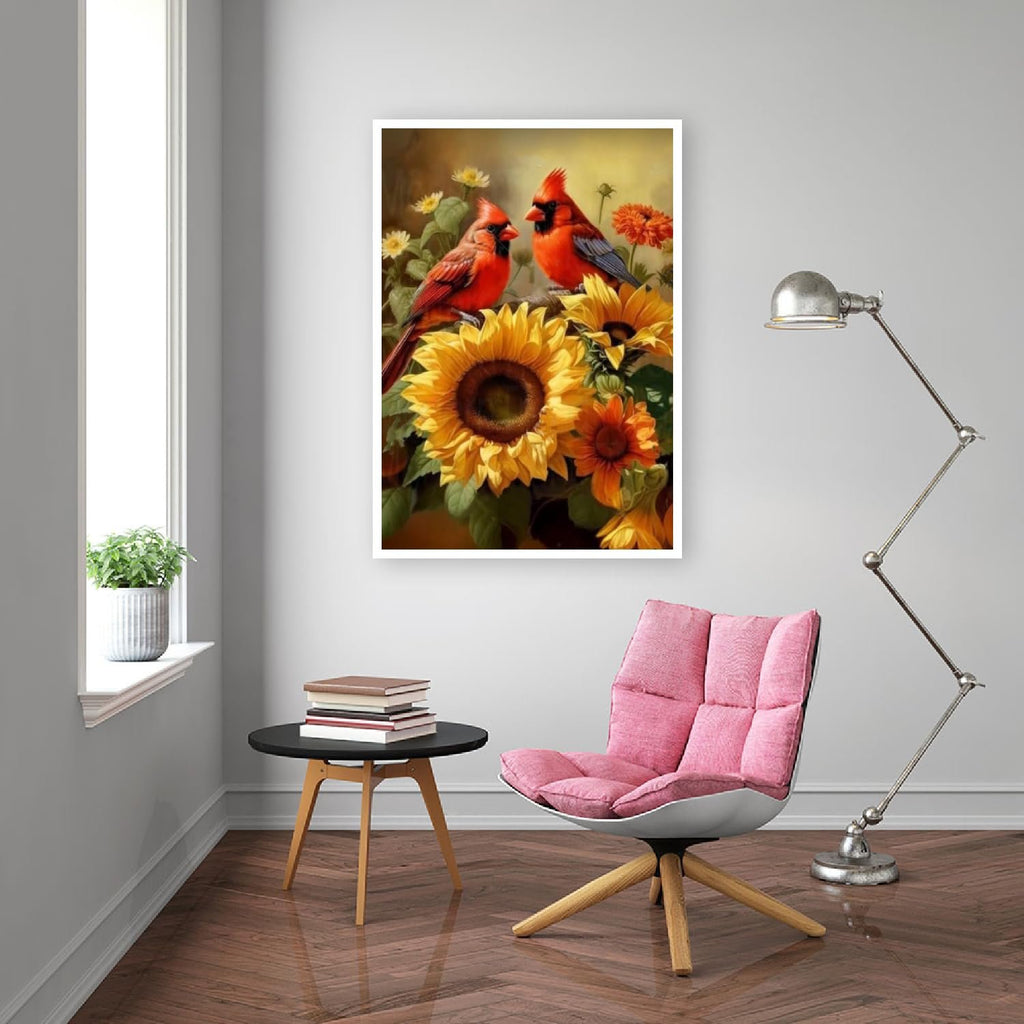 Two cardinals perched on sunflowers in a framed artwork displayed in a room with a pink chair and a floor lamp.