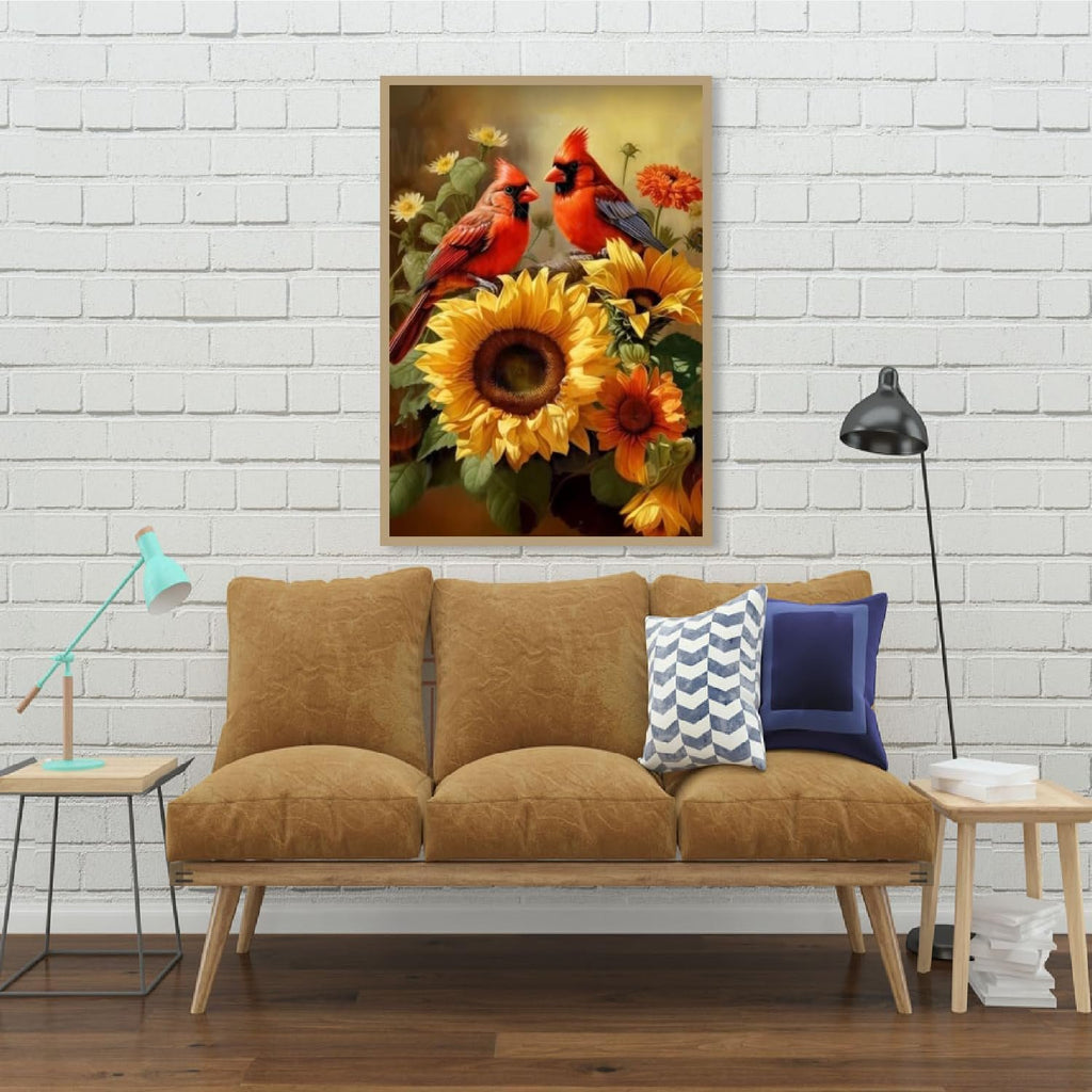 Two cardinals perched on sunflowers in a framed artwork displayed on a white brick wall above a sofa.