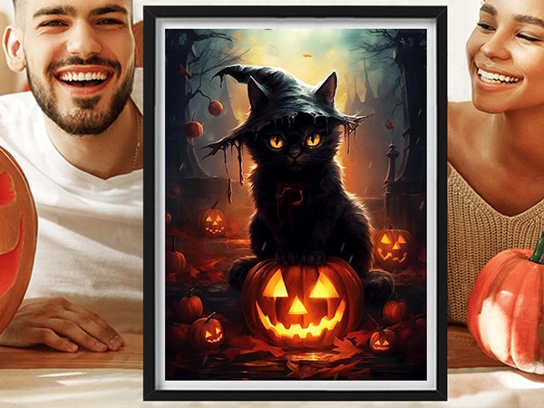 Diamond painting of a black cat in a witch hat sitting on a jack-o-lantern surrounded by pumpkins and autumn leaves.