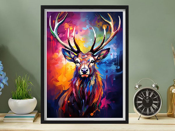 Framed abstract diamond painting of a stag's head with colorful brushstrokes, displayed on a shelf.