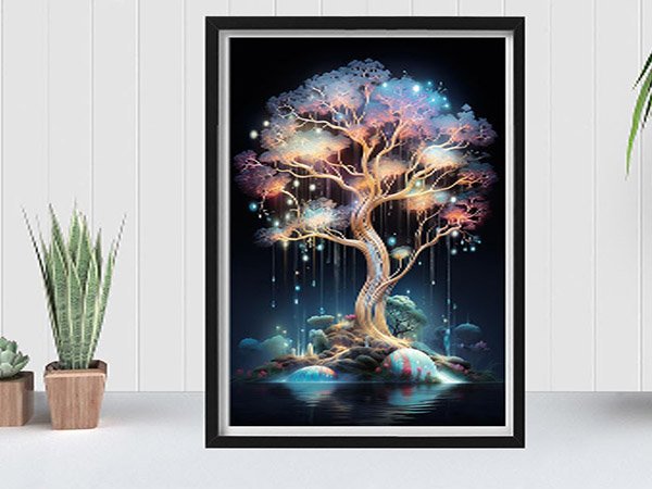 Framed 5D Christmas tree diamond painting kit with glowing lights and mystical elements, displayed on a shelf with plants.