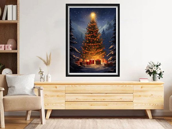 Christmas tree with presents in a snowy forest scene, framed artwork on a wall