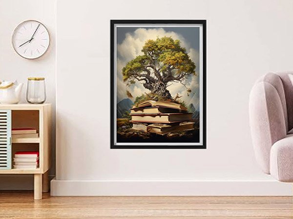 Framed diamond painting of a tree growing from a stack of books, displayed on a wall.