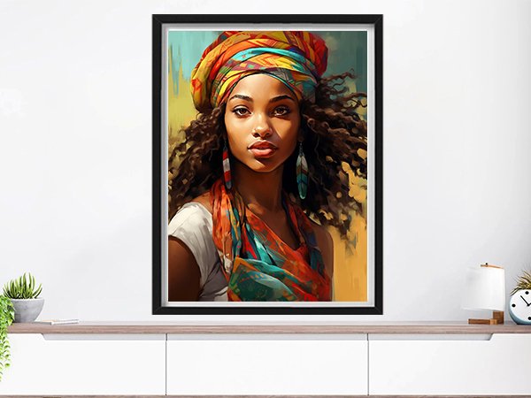Portrait of a woman wearing a colorful headwrap and scarf, with curly hair and earrings.