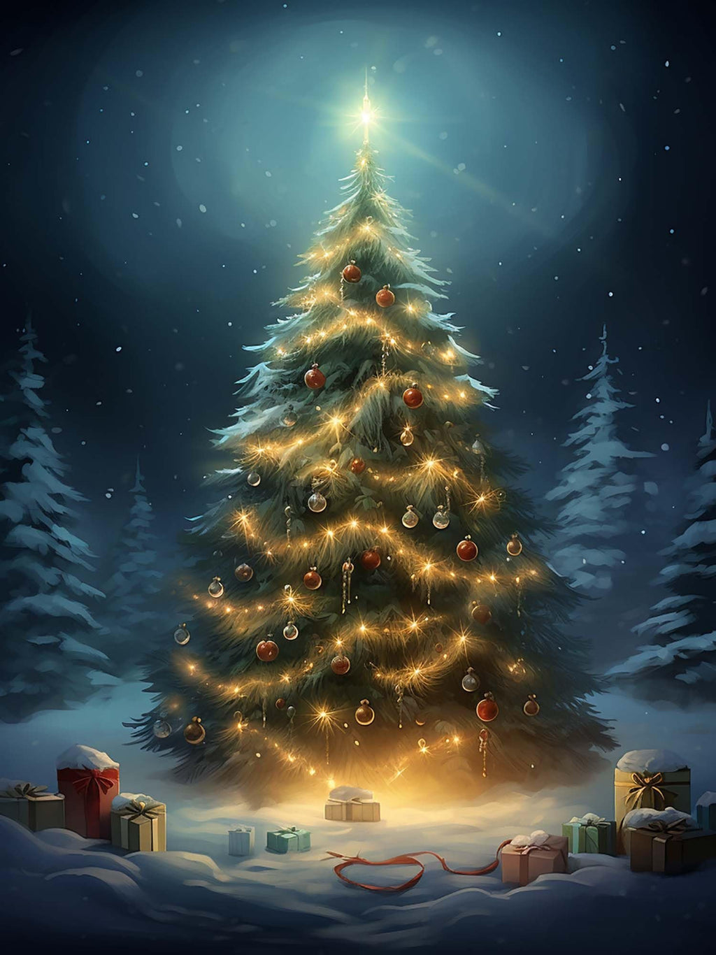 Decorated Christmas tree with lights and ornaments in a snowy forest setting with gifts at its base.