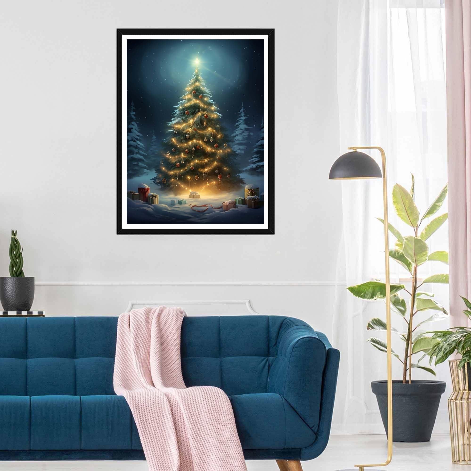 Decorated Christmas tree with presents in the snow, displayed in a living room setting with a sofa and lamp.