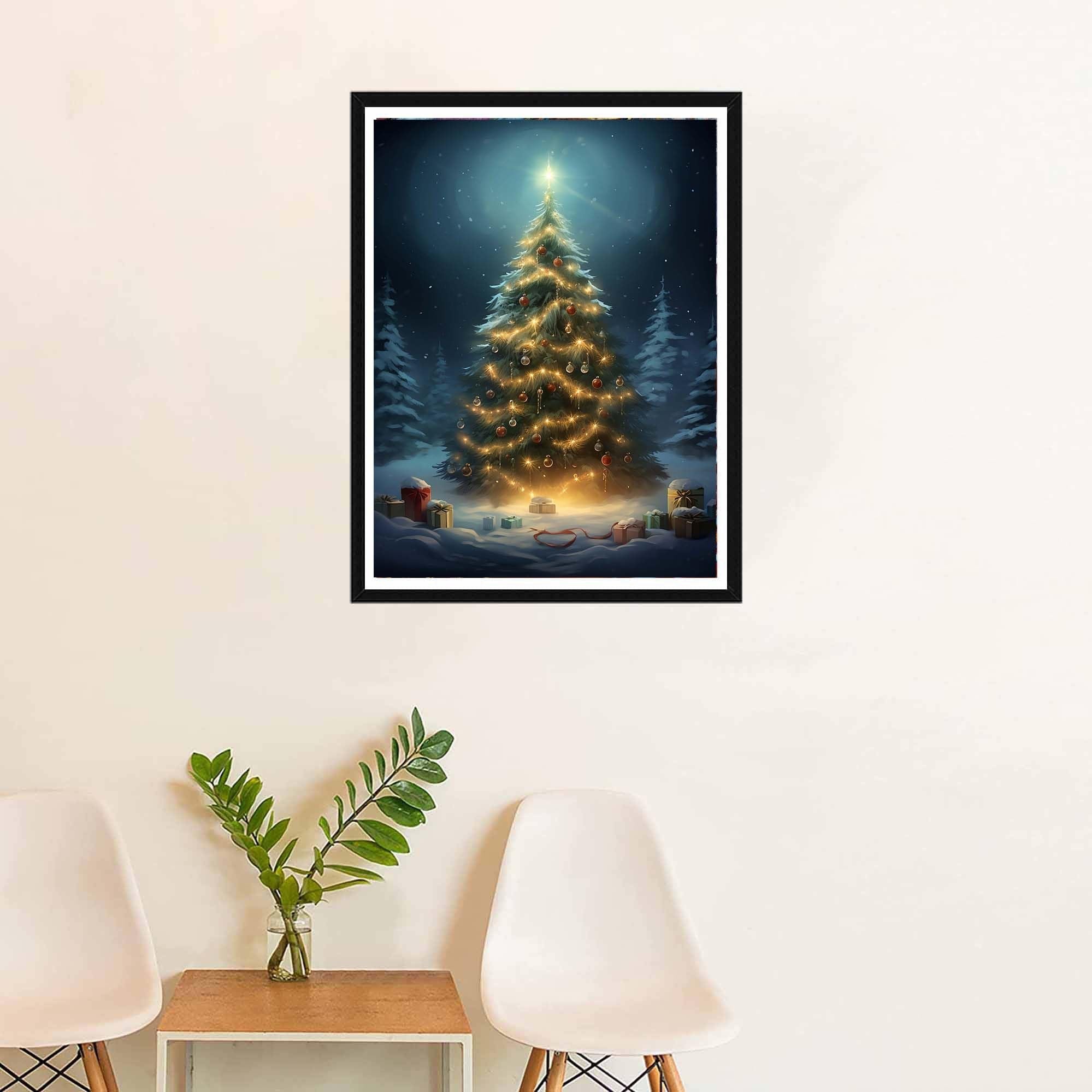 Christmas tree in a snowy forest with presents at its base, illuminated by string lights and a bright star on top.