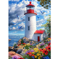 Diamond painting kit of a lighthouse on a rocky shore with flowers and birds flying.