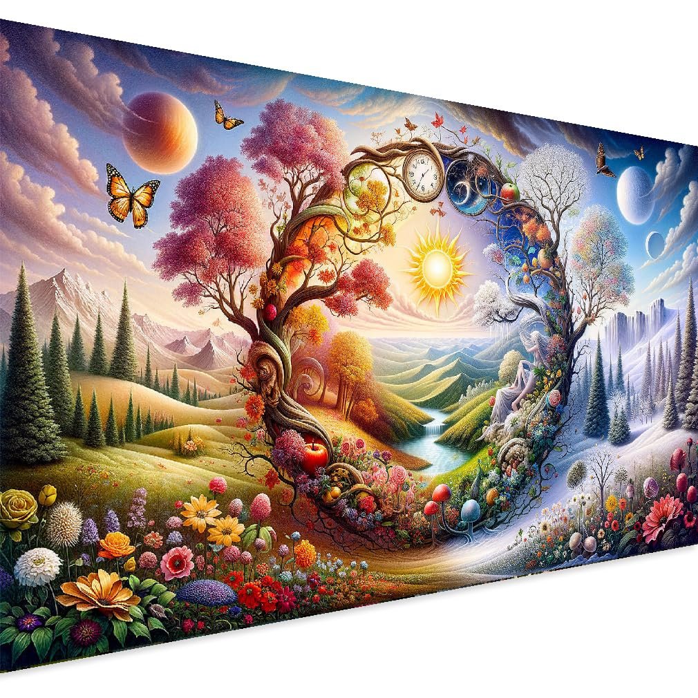 Diamond painting canvas with four seasons tree design, butterflies, sun, moon, and mountains