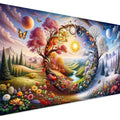 Diamond painting canvas with four seasons tree design, butterflies, sun, moon, and mountains