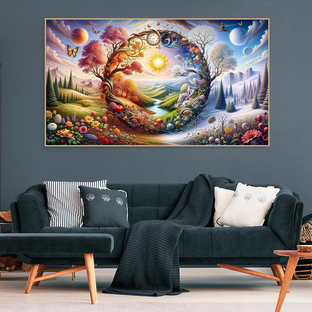 Diamond painting canvas showing a circular tree with four seasons, butterflies, flowers, and celestial elements.