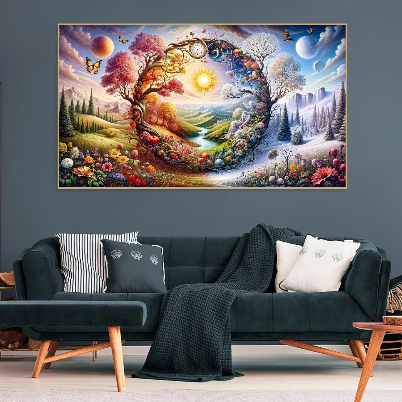 Diamond painting canvas showing a circular tree with four seasons, butterflies, flowers, and celestial elements.