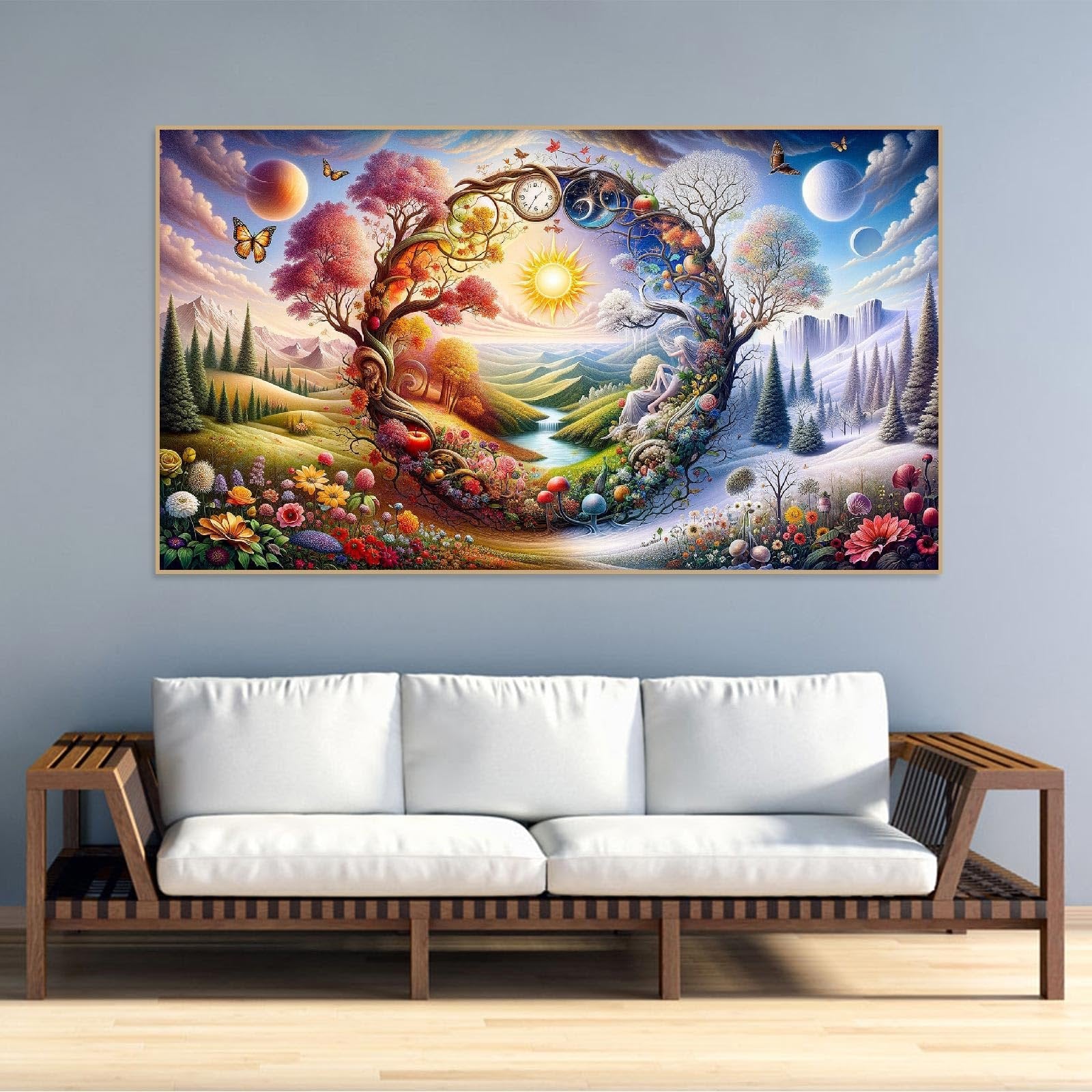 Diamond painting kit canvas showing a circular landscape with four seasons, butterflies, and a sun.