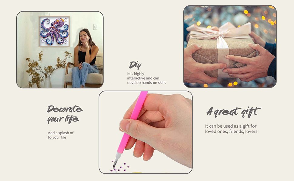 Collage of diamond painting kit features: woman with finished octopus art, hands exchanging a gift, and close-up of diamond application.