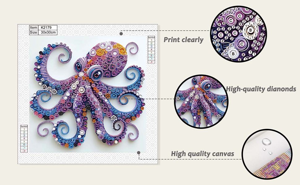 Diamond painting kit featuring a colorful octopus design with close-ups of the diamonds and canvas.