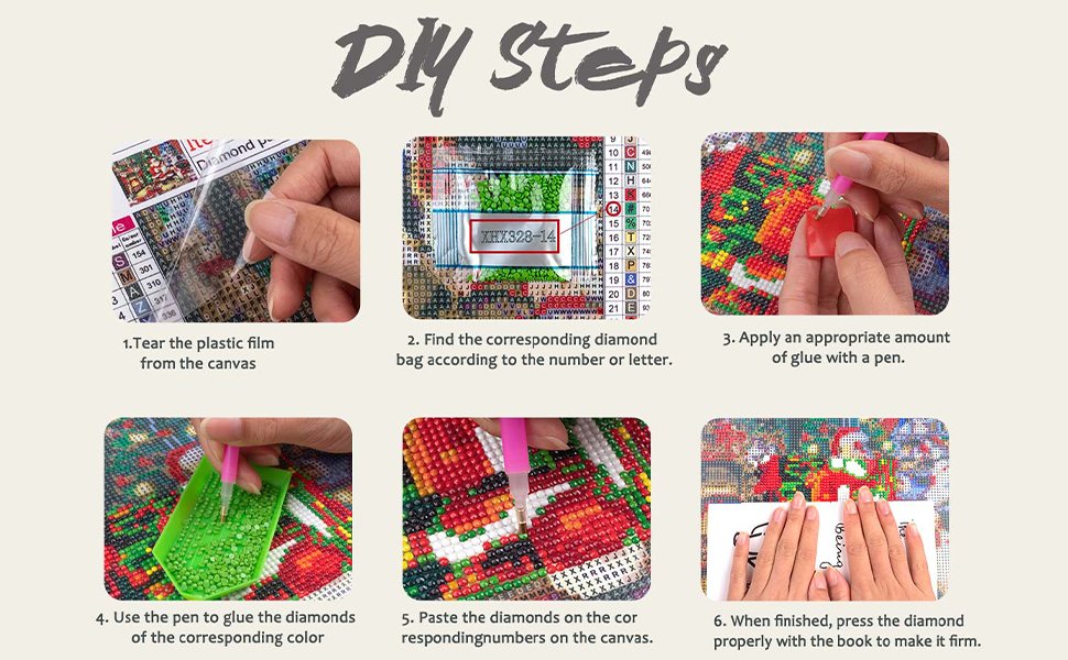 Diamond painting kit instructions showing 6 steps: tearing plastic, finding diamond bag, applying glue, picking up diamonds, placing diamonds, and pressing with a book.