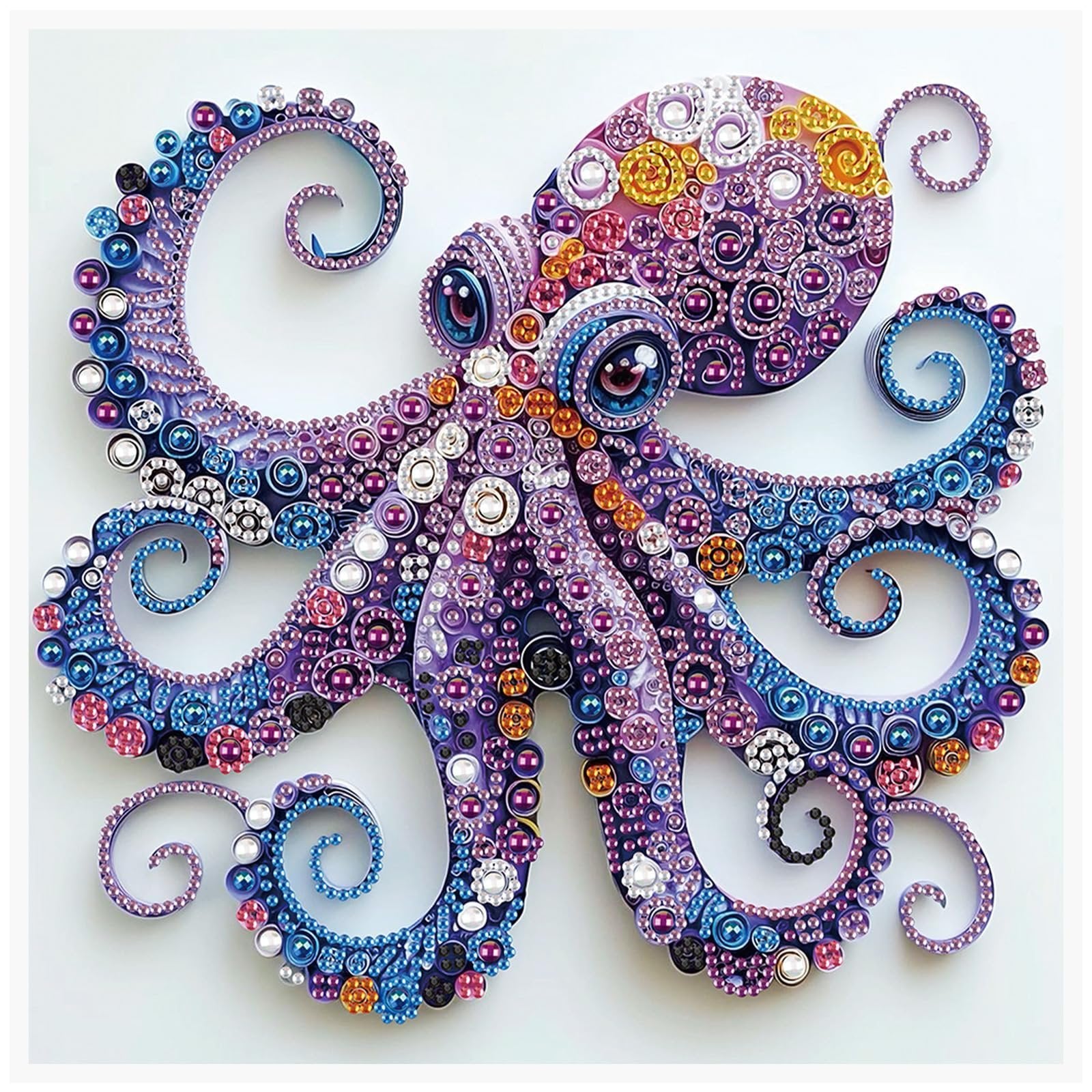 Diamond art painting of a colorful octopus with intricate details and sparkling gems, displayed against a white background.