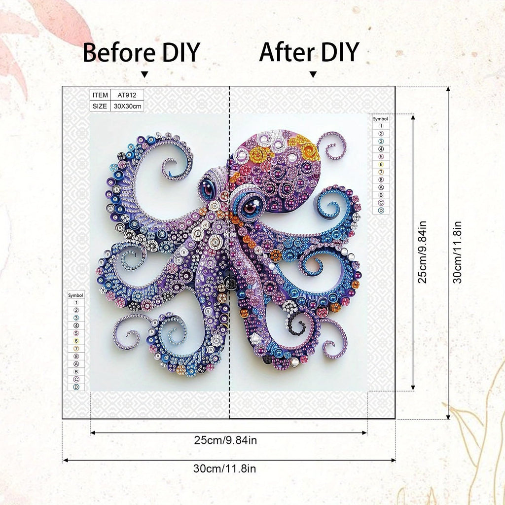 Diamond painting kit showing a before and after comparison of a colorful octopus design. Includes symbol key and dimensions.