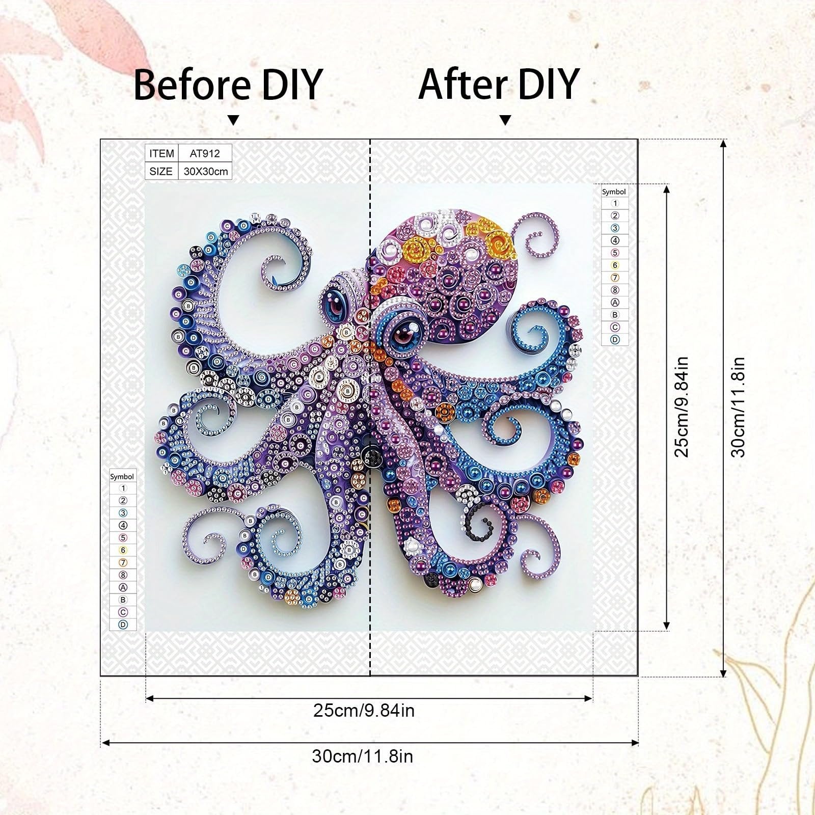 Diamond painting kit showing a before and after comparison of a colorful octopus design. Includes symbol key and dimensions.