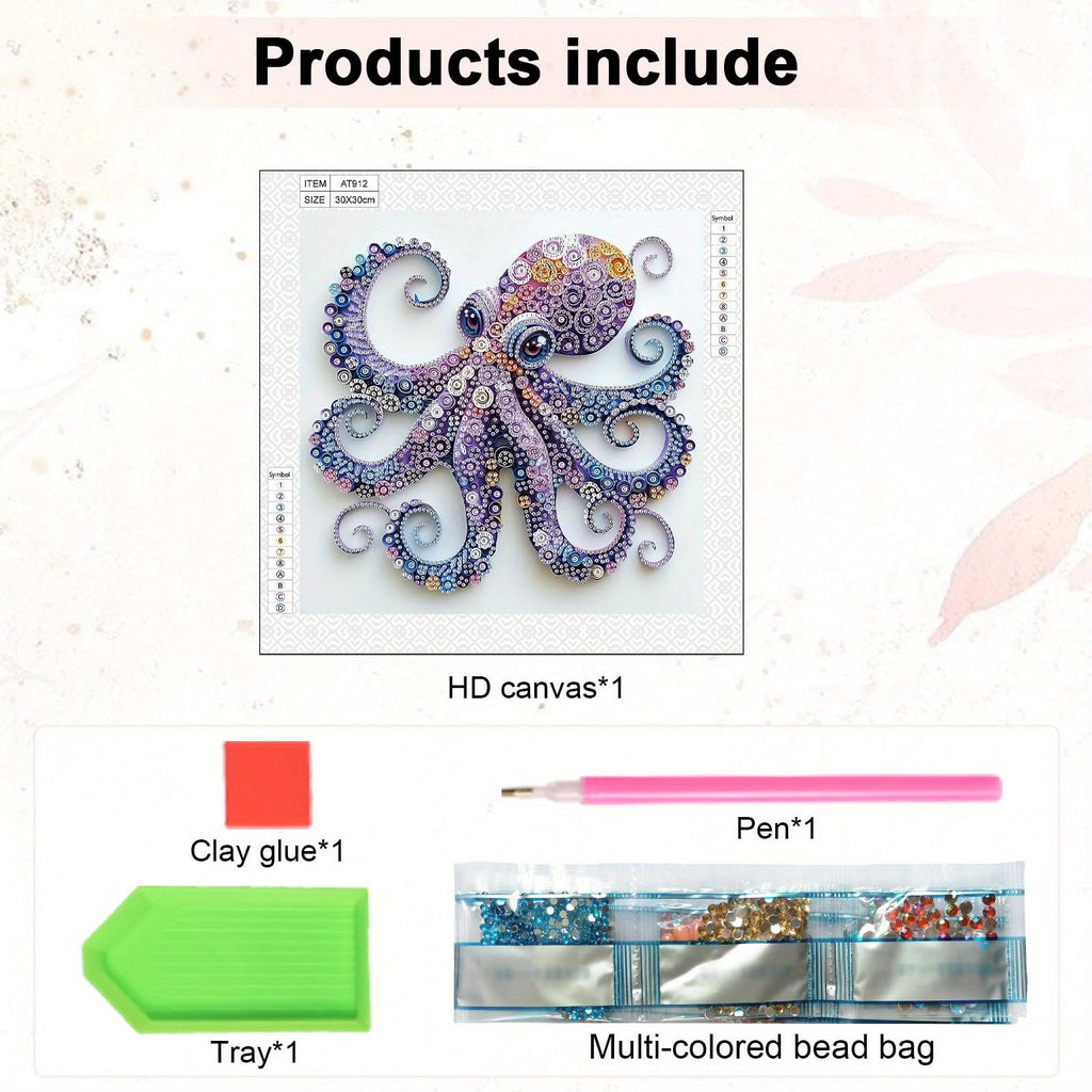 Diamond painting kit with octopus design, showing canvas, clay glue, tray, pen, and multi-colored beads.