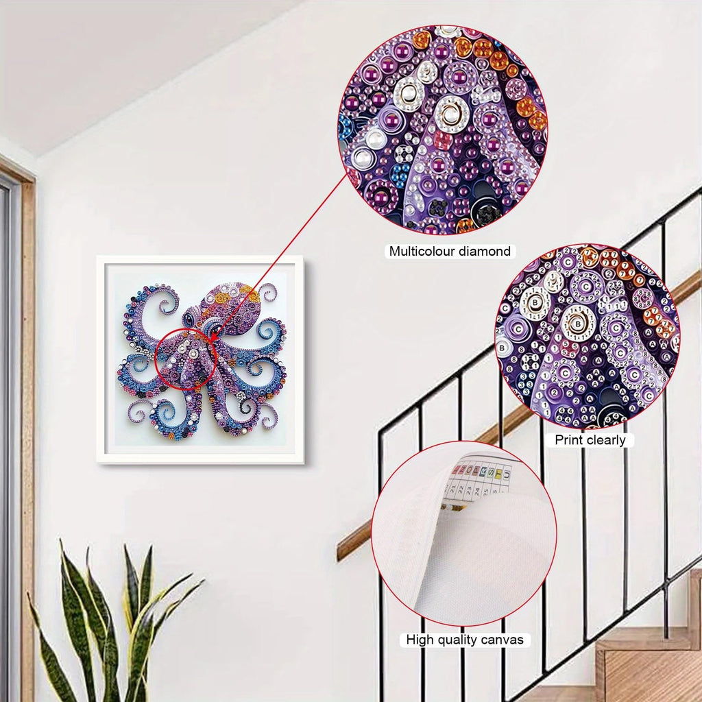 Diamond art painting of a colorful octopus hanging on a wall, with close-ups of diamonds and canvas.