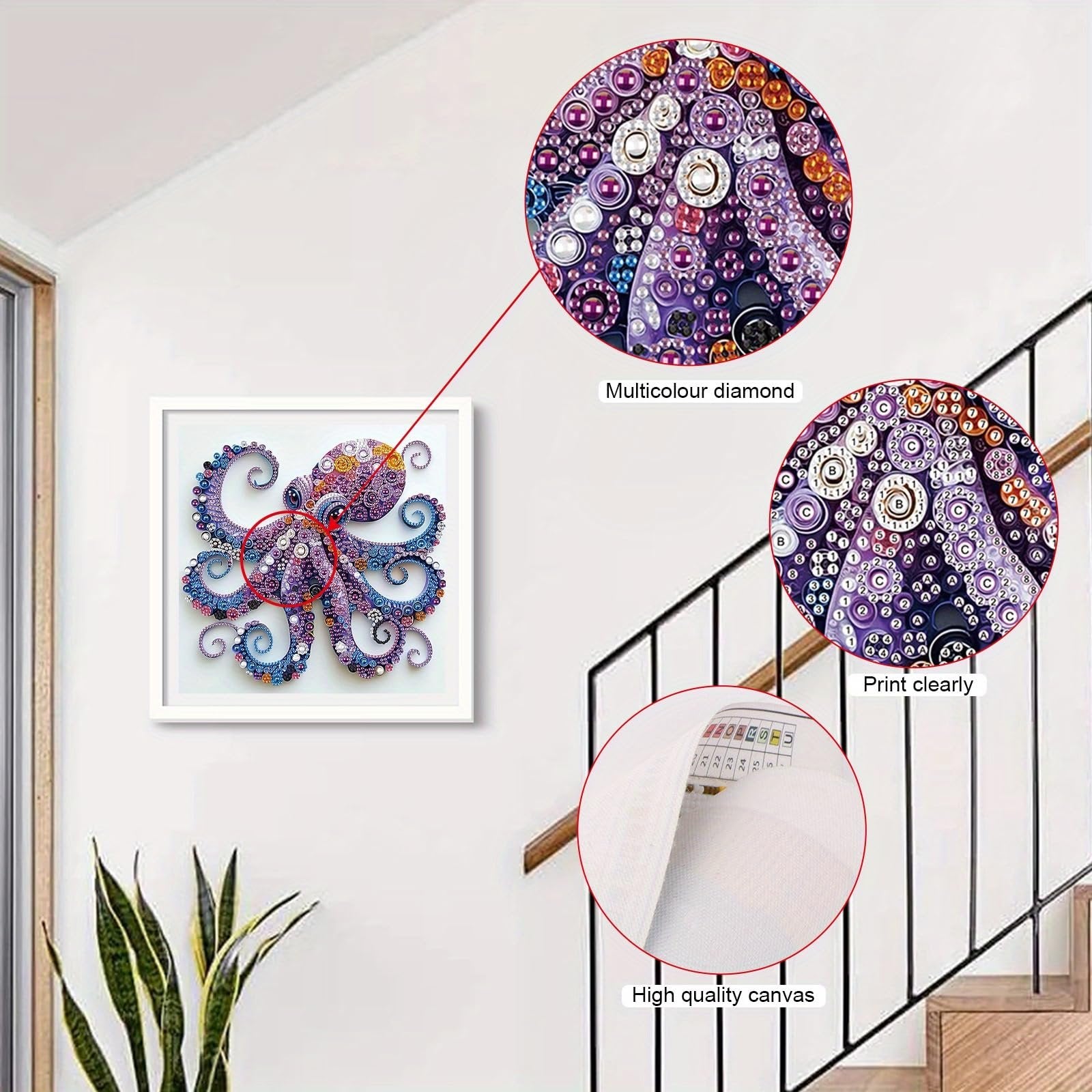 Diamond art painting of a colorful octopus hanging on a wall, with close-ups of diamonds and canvas.