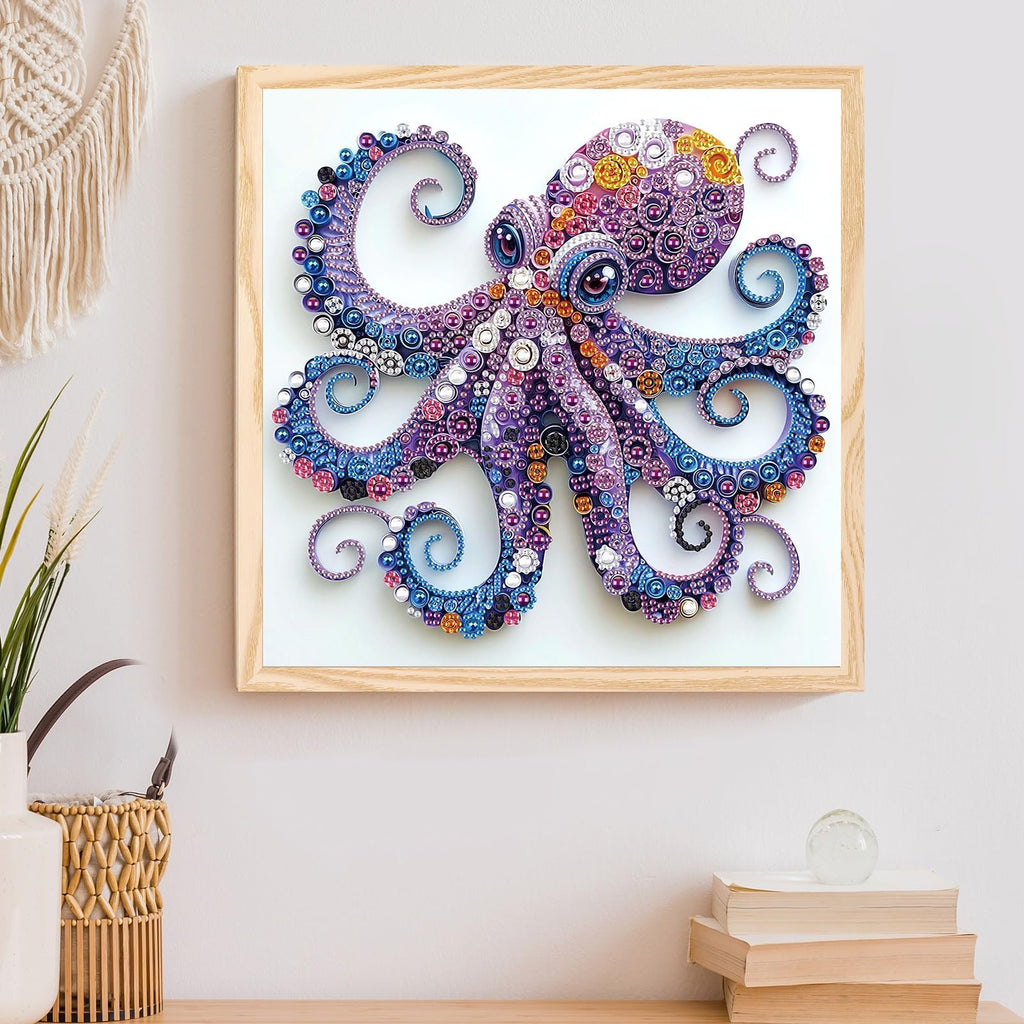 Framed diamond art painting of a colorful octopus with intricate details, displayed on a white wall.