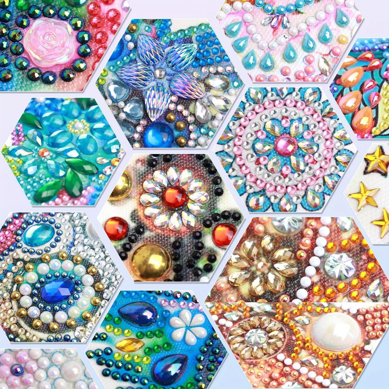 Collage of hexagon-shaped diamond art painting close-ups featuring various colorful floral and abstract designs with sparkling artificial diamonds.