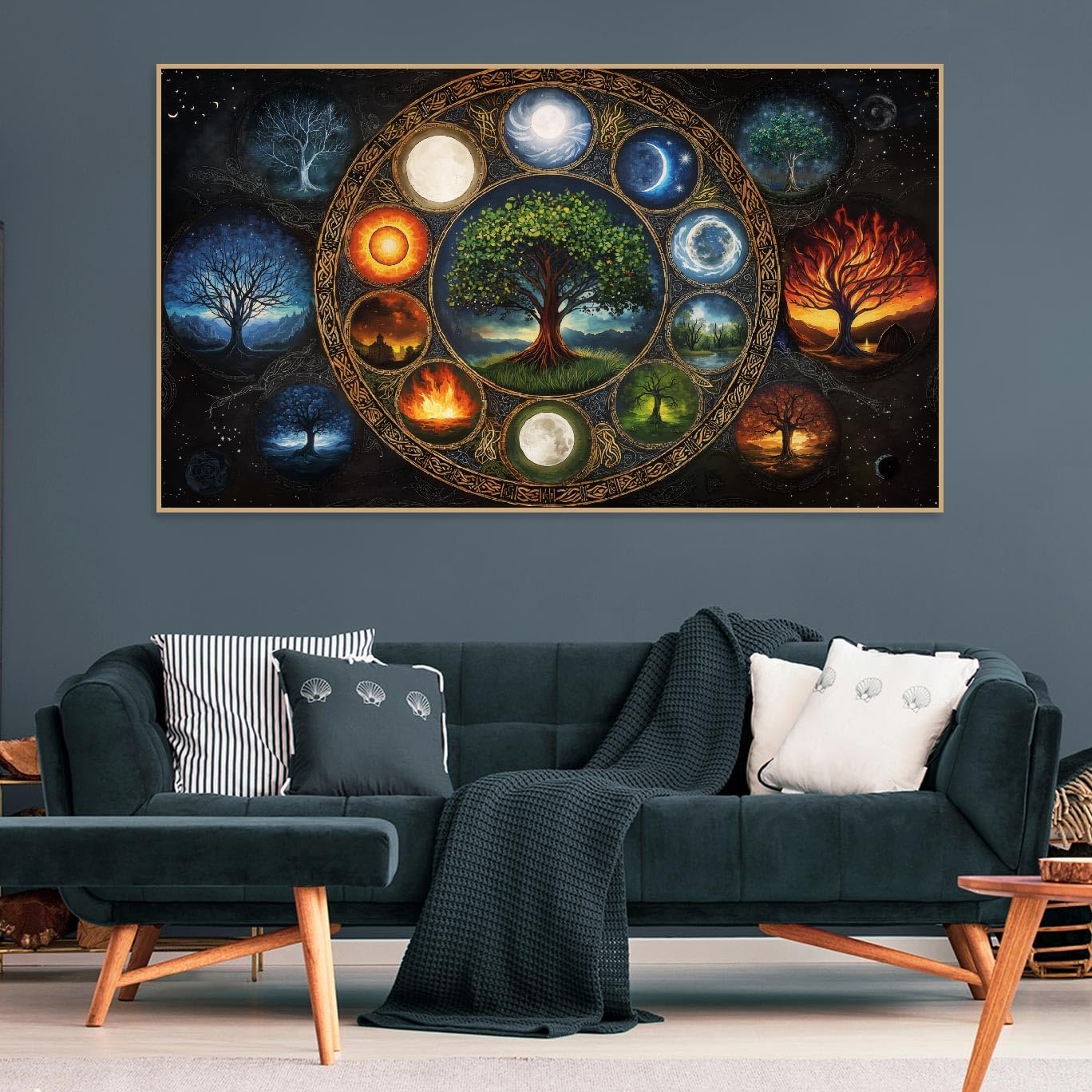 Diamond painting kit featuring a circular design of trees representing seasons and celestial bodies, displayed on a wall above a sofa.