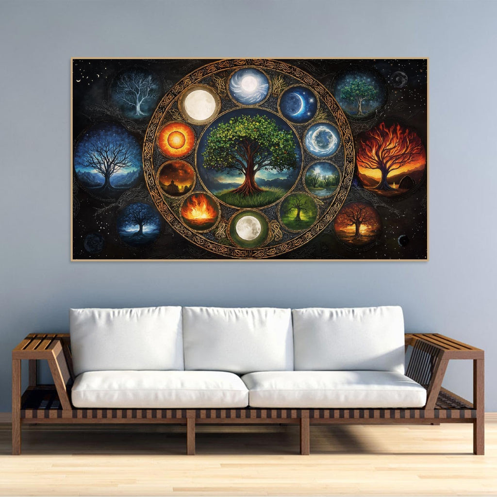 Diamond painting kit featuring a circular design with a central tree and surrounding trees representing different seasons and celestial bodies.