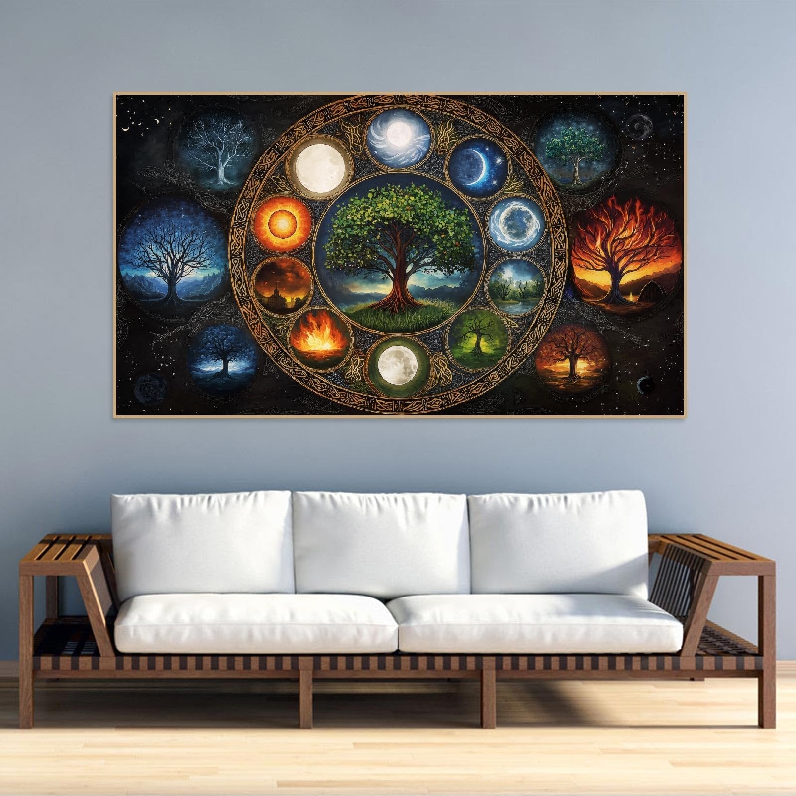 Diamond painting kit featuring a circular design with a central tree and surrounding trees representing different seasons and celestial bodies.