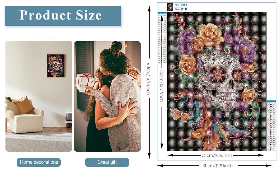 Diamond painting kit featuring a skull with flowers and butterflies, with size dimensions and lifestyle images.