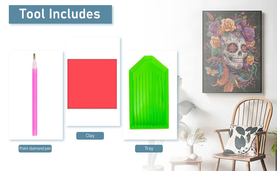 Diamond art kit tools including a pink pen, red clay, and green tray, with a finished skull and flower diamond painting displayed on the wall.