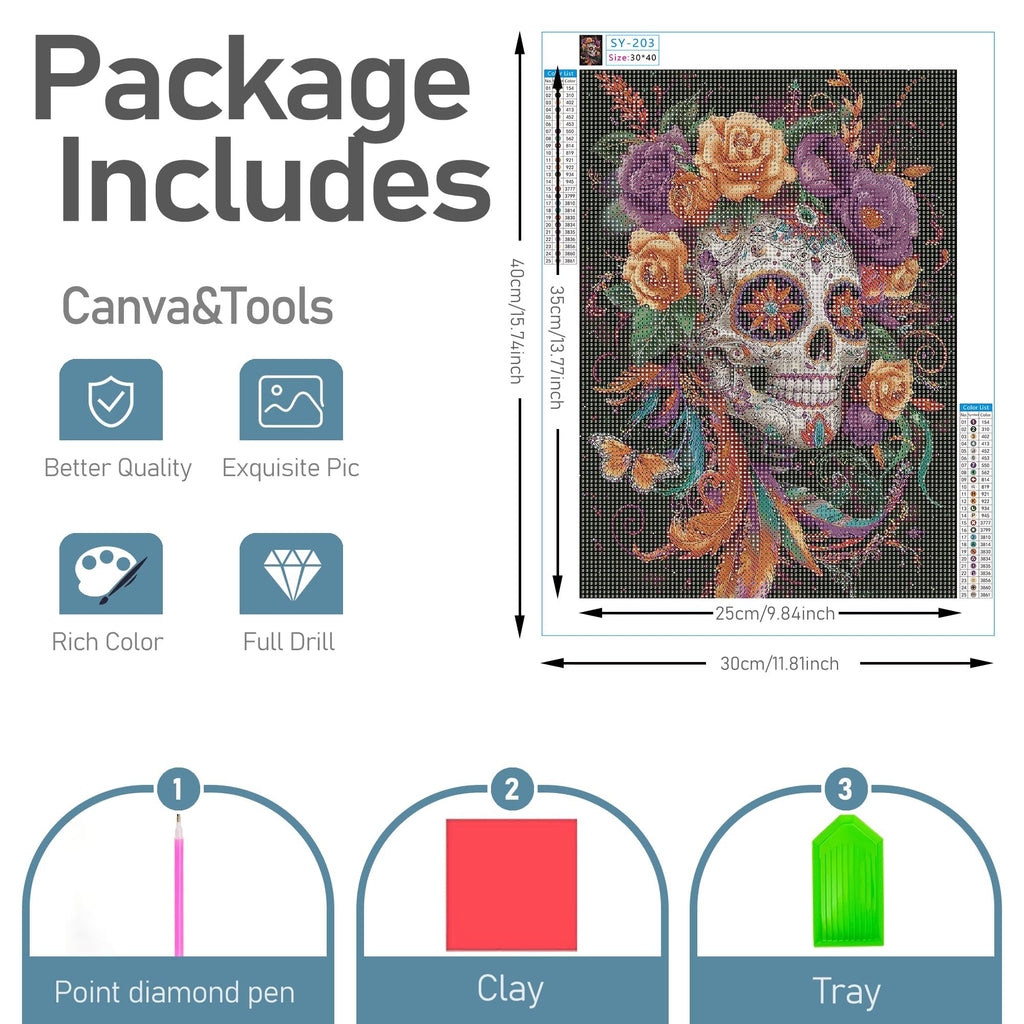 Diamond painting kit with skull and flowers design, showing package contents and tools like pen, clay, and tray.