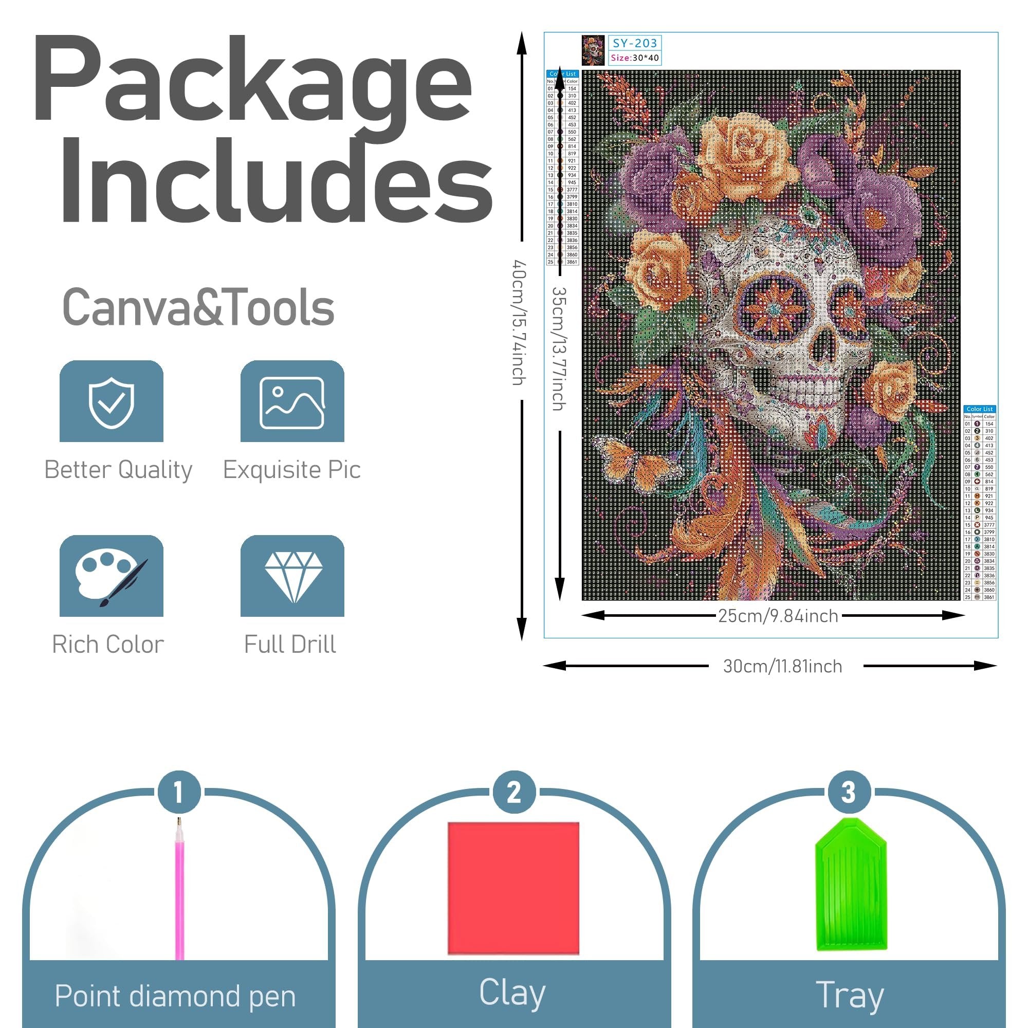 Diamond painting kit with skull and flowers design, showing package contents and tools like pen, clay, and tray.