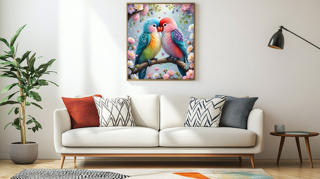 Two colorful lovebirds perched on a branch with pink flowers, framed artwork above a sofa.