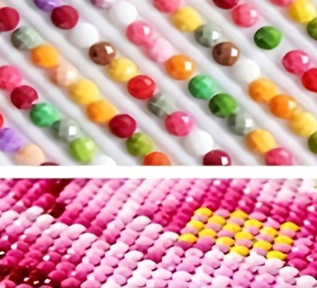 Close-up of colorful diamond painting beads and a section of a floral diamond art painting