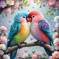 Two colorful lovebirds perched on a branch surrounded by flowers and hearts
