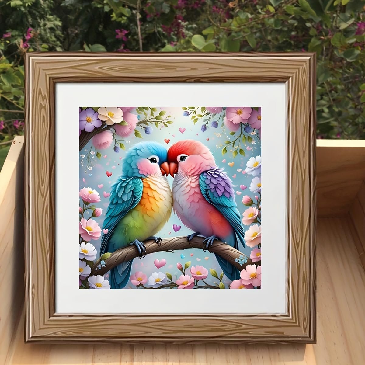 Diamond painting kit featuring two colorful lovebirds perched on a branch surrounded by flowers and hearts.