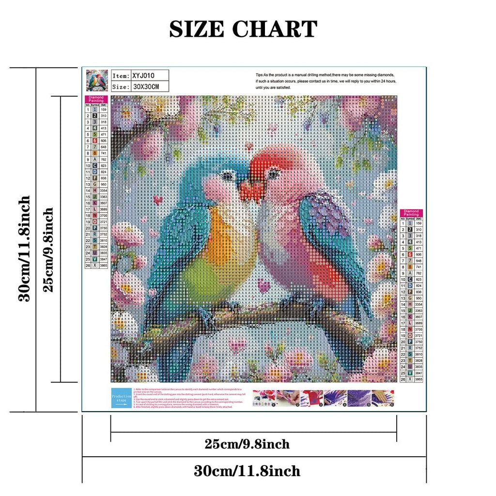 Diamond painting kit showing two lovebirds on a branch with a color and symbol key, size chart, and production steps.