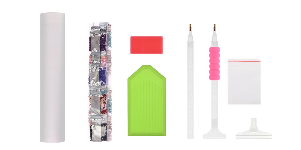 Diamond painting kit accessories including a white tube, multiple small bags of colored beads, a red rectangle, a green tray, two diamond painting pens, a small plastic bag, and a diamond applicator.