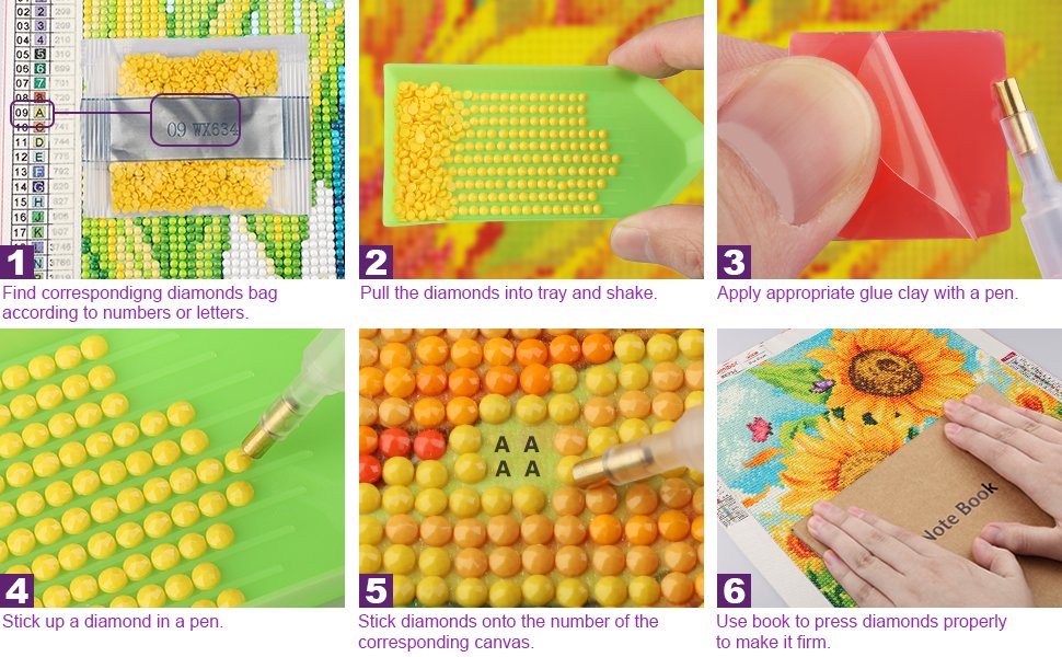 Diamond painting kit instructions showing 6 steps: finding diamond bags, shaking diamonds into tray, applying glue clay, picking up diamond with pen, sticking diamonds to canvas, and pressing diamonds with a book.