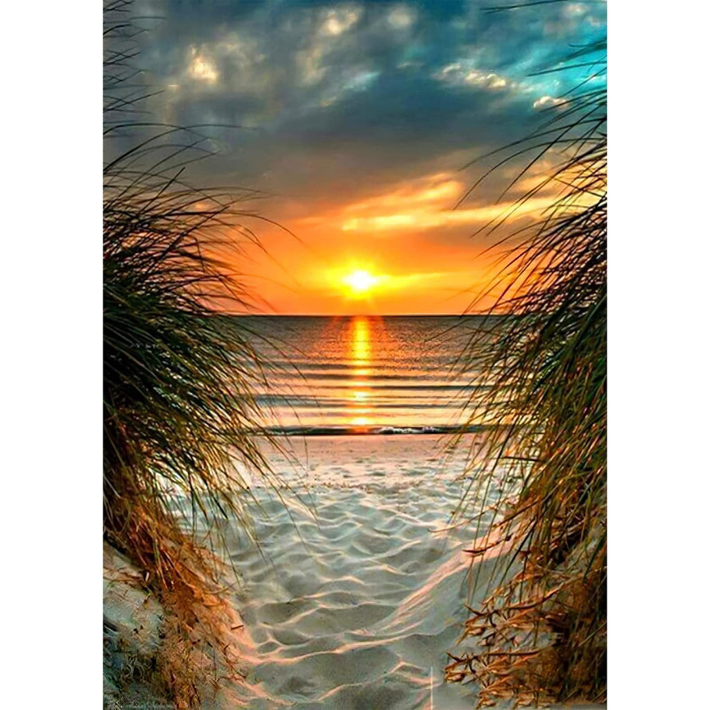 Diamond painting kit showing a sandy path leading to a beach sunset over the ocean, framed by tall grass.