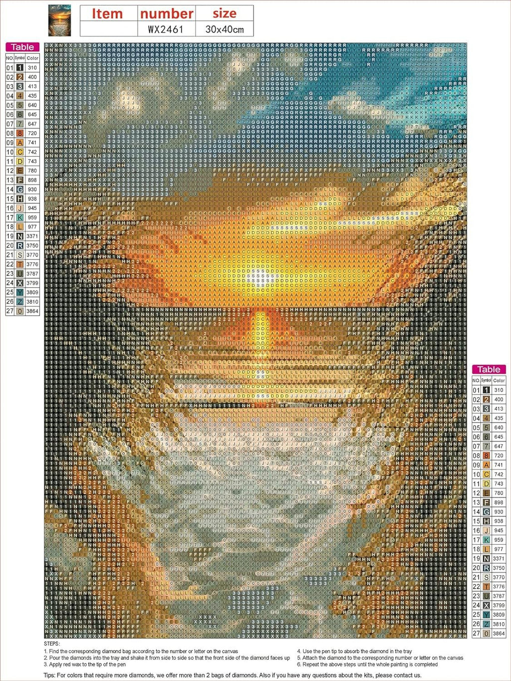 5D diamond painting kit showing a beach sunset over water, with color key and instructions. 12x16 inch.