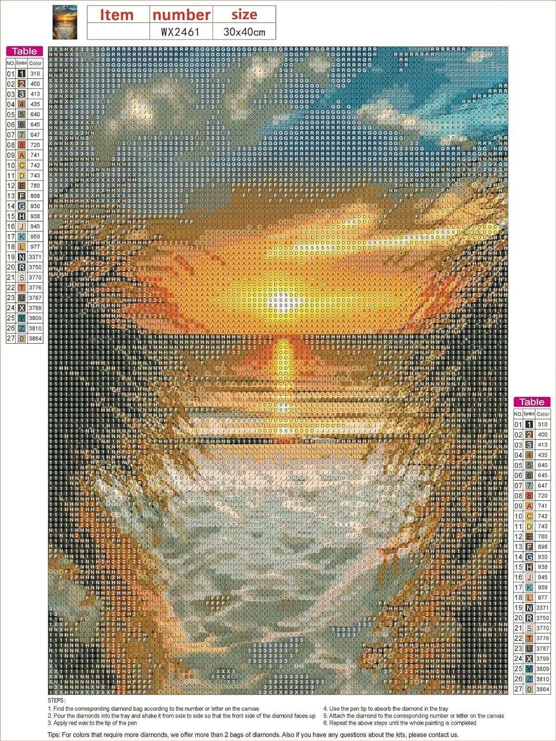 5D diamond painting kit showing a beach sunset over water, with color key and instructions. 12x16 inch.